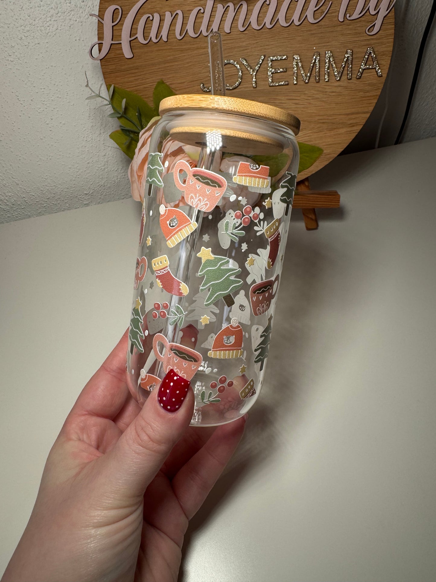 Christmas Wrap Glass Cup and Straw