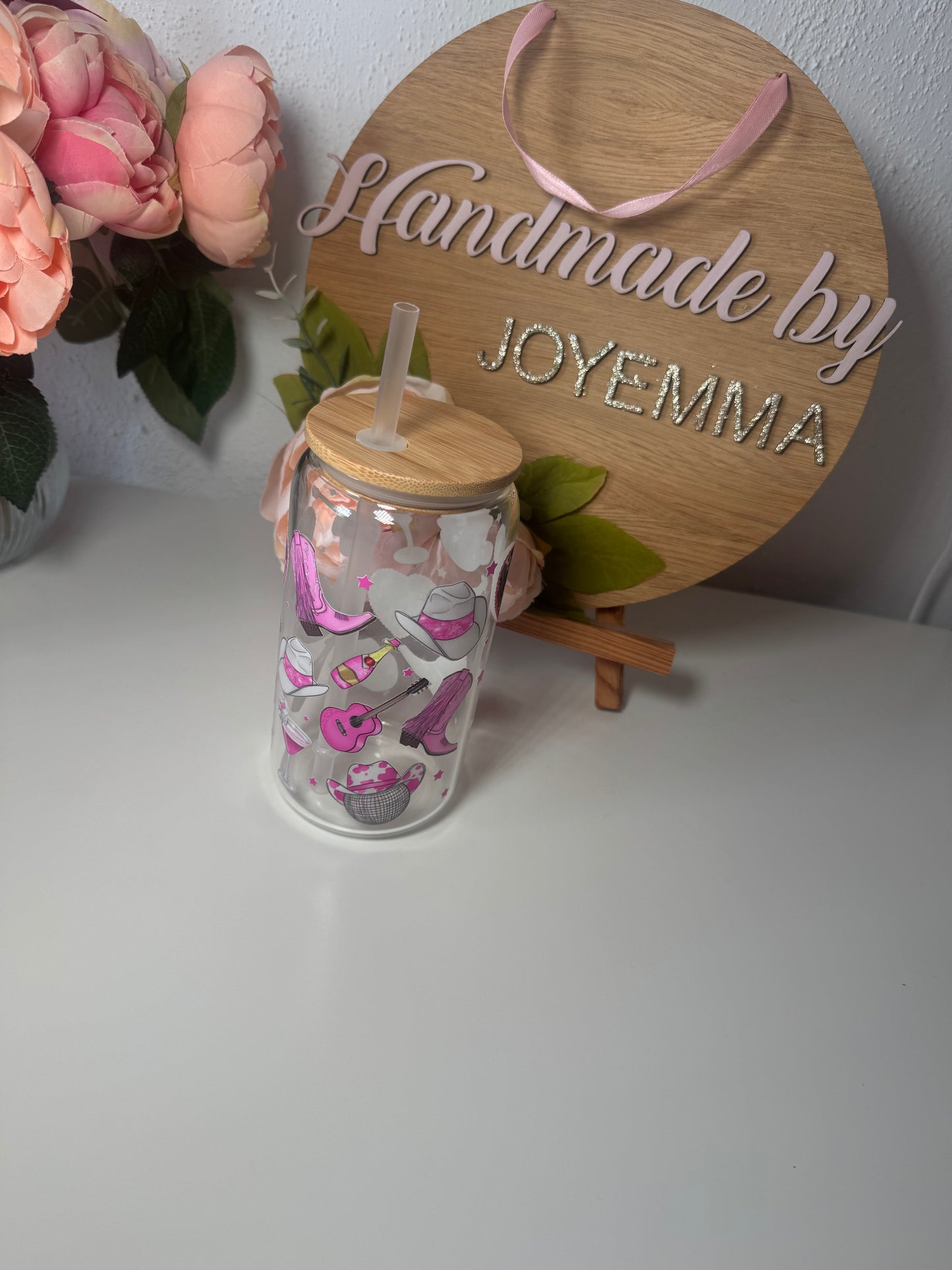 Cowboys and Disco Ball Glass Cup and Straw