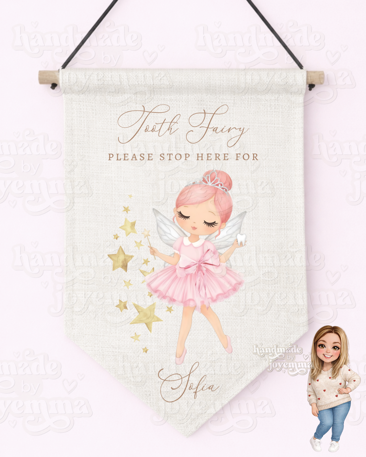 Tooth Fairy Stop Here Hanging Linen Pennant Flag