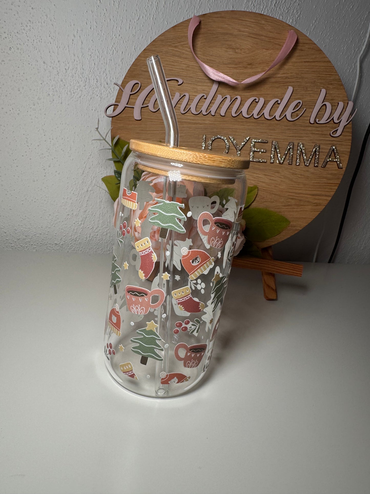 Christmas Wrap Glass Cup and Straw