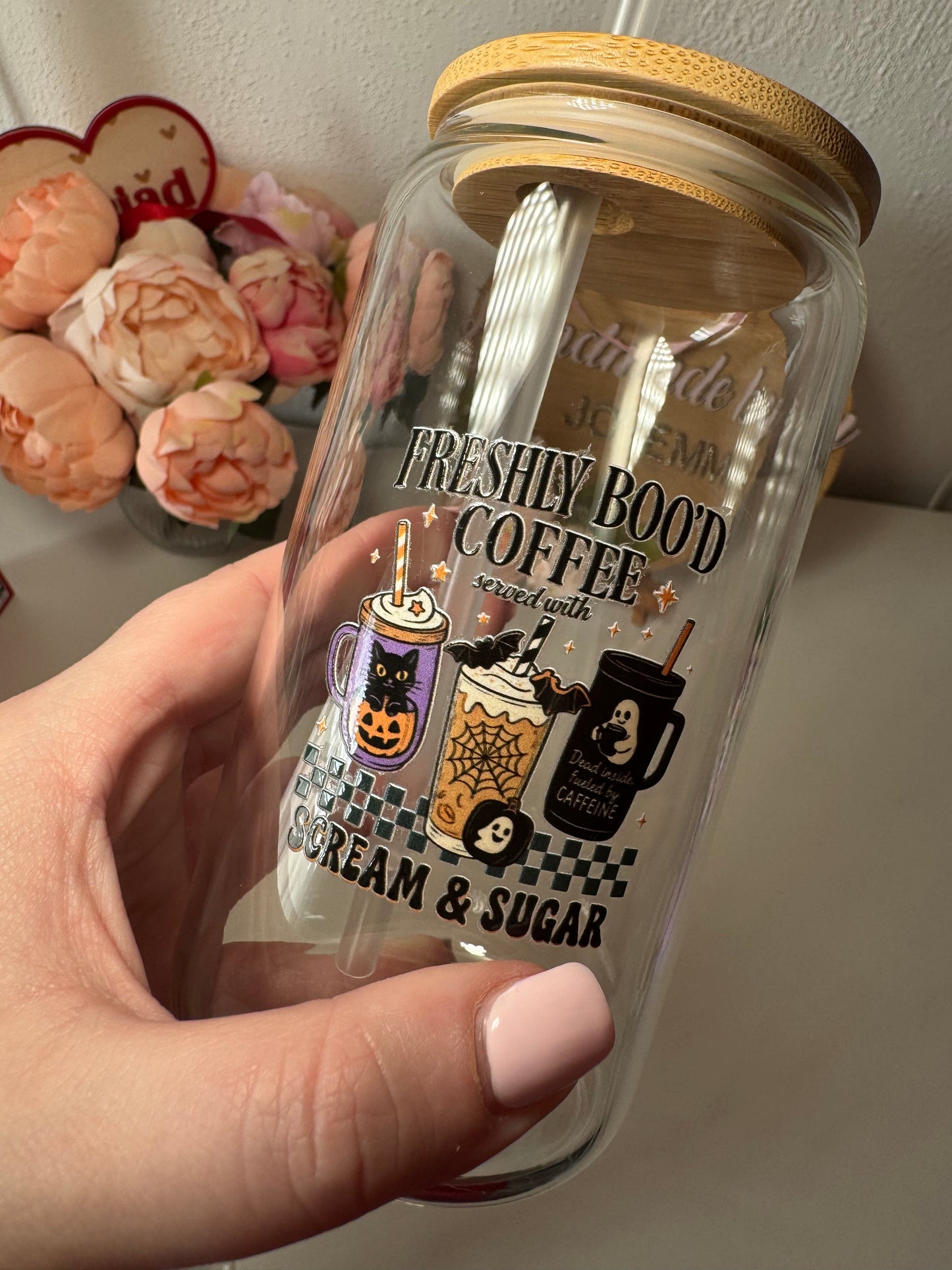 Freshly boo’d Coffee Glass Cup and Straw