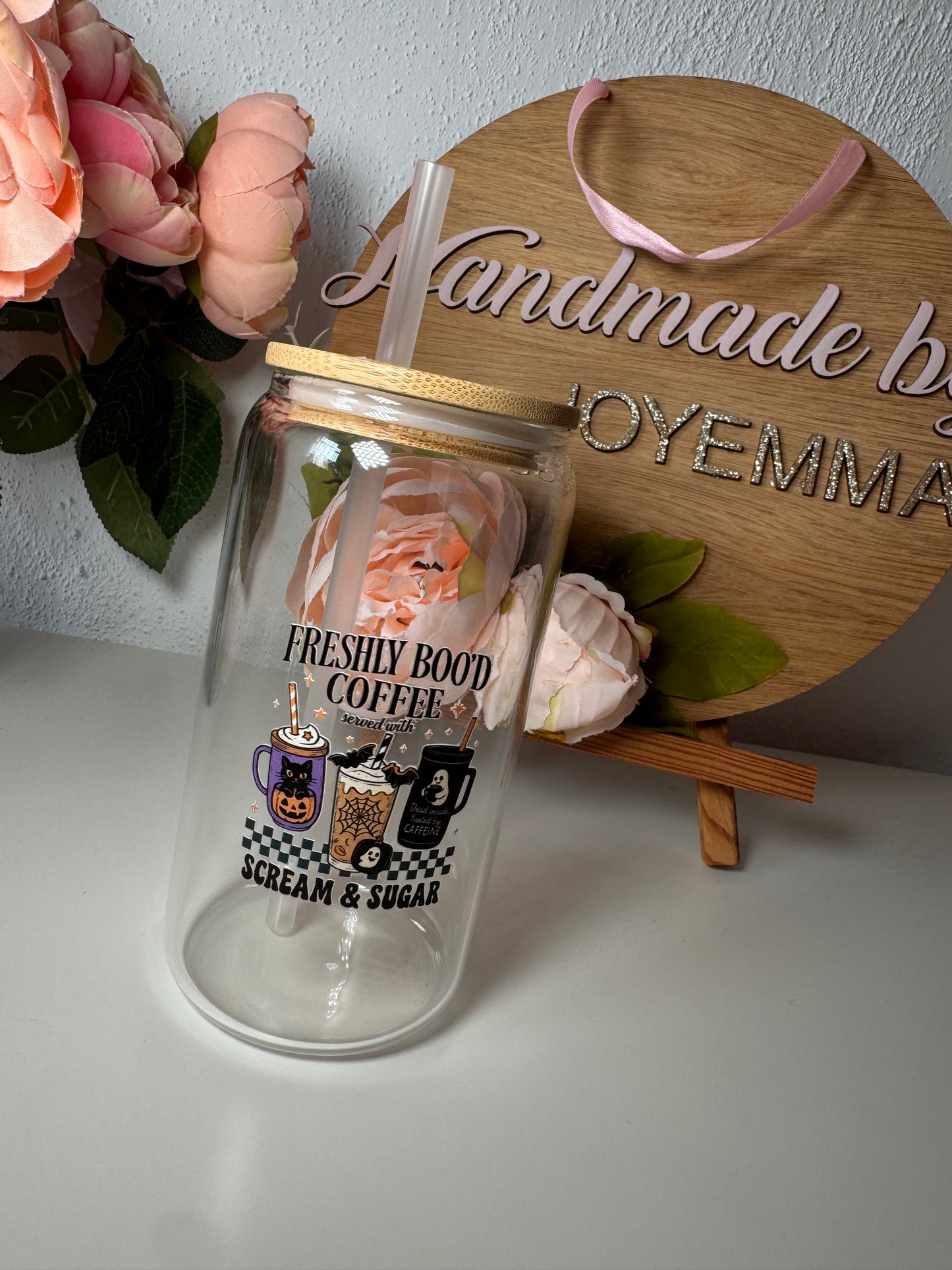 Freshly boo’d Coffee Glass Cup and Straw