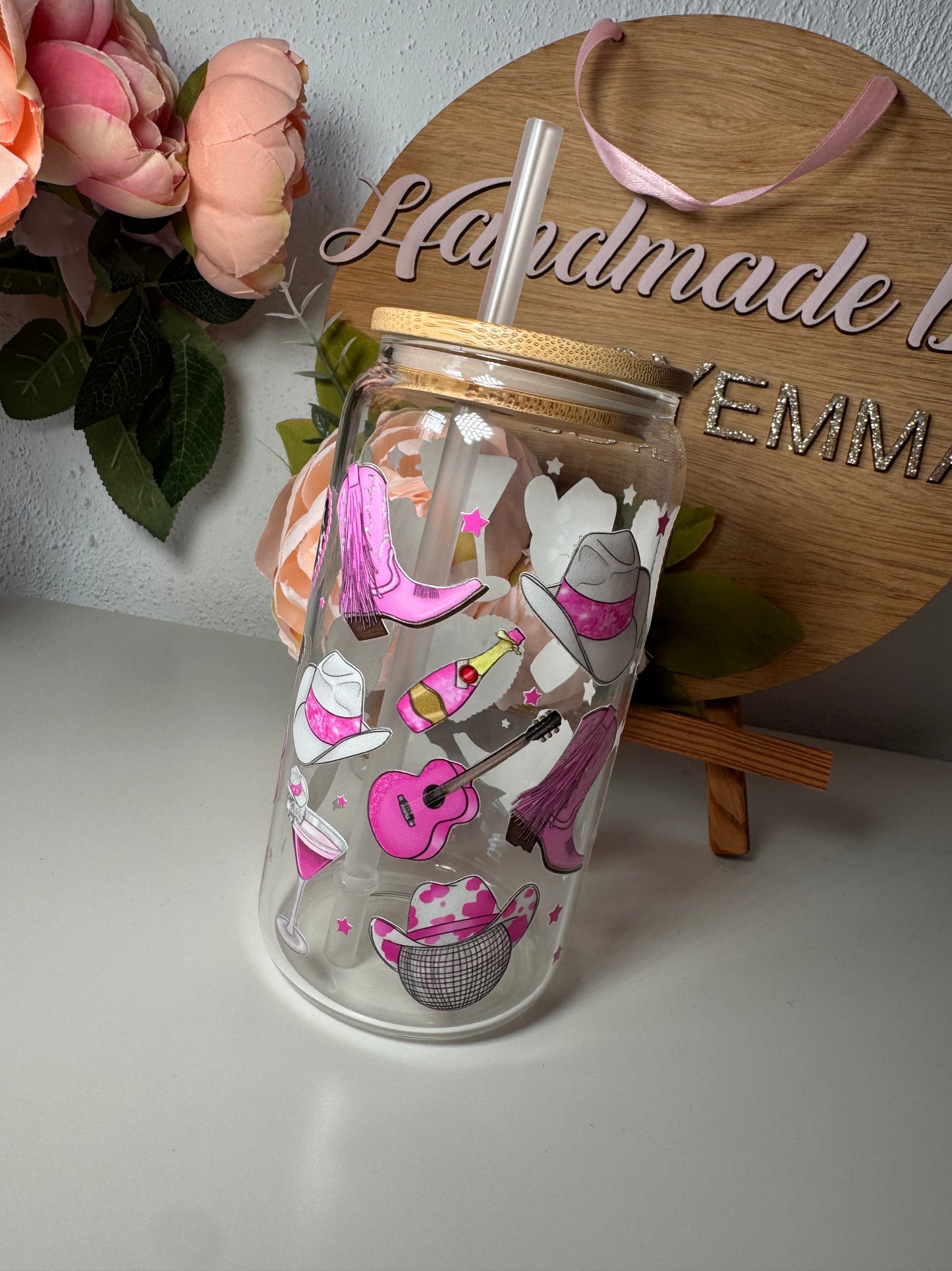 Cowboys and Disco Ball Glass Cup and Straw