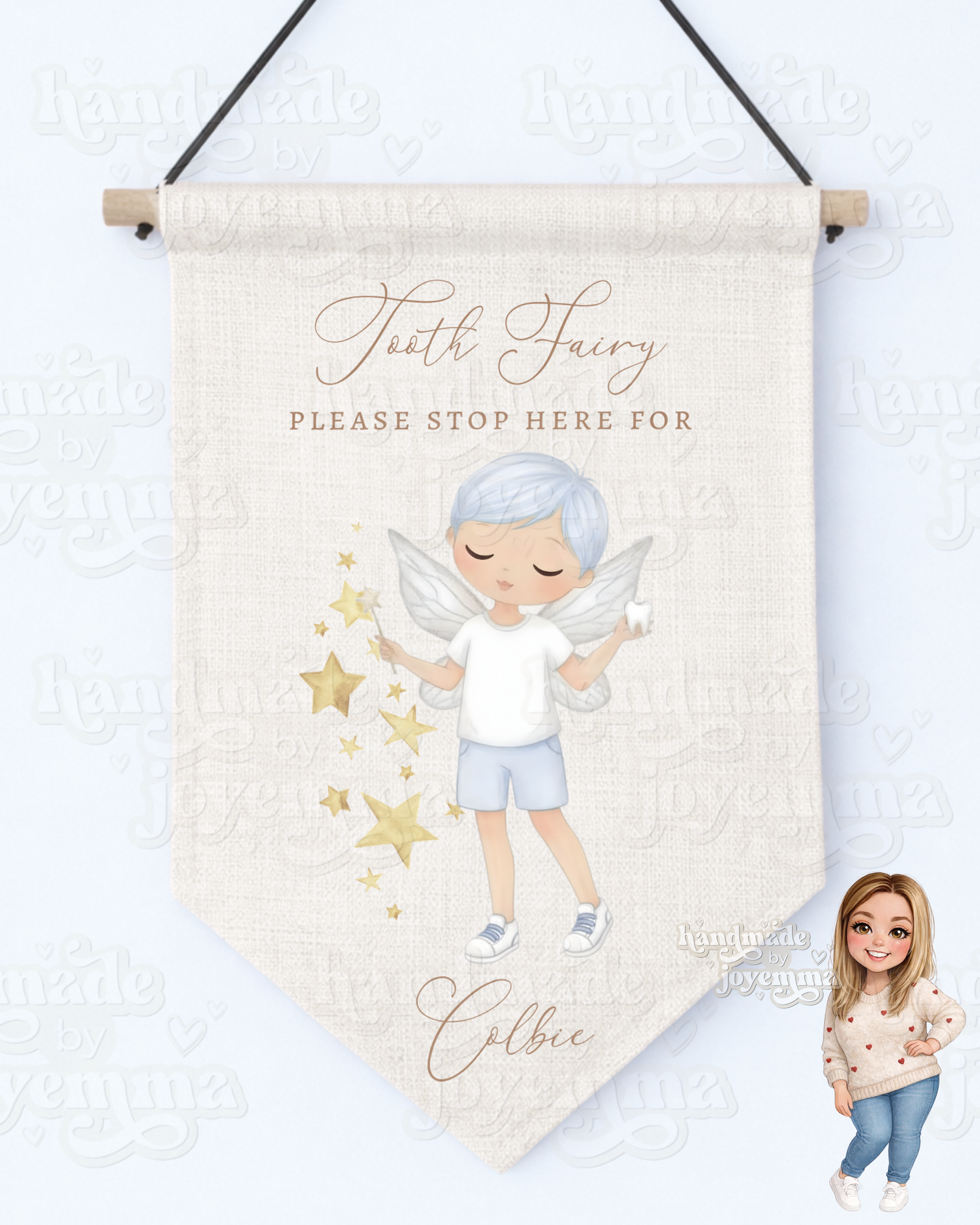 Tooth Fairy Stop Here Hanging Linen Pennant Flag