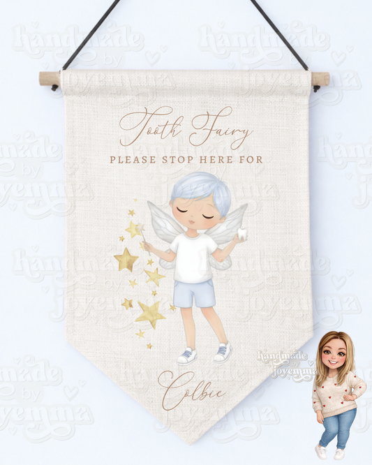 Tooth Fairy Stop Here Hanging Linen Pennant Flag
