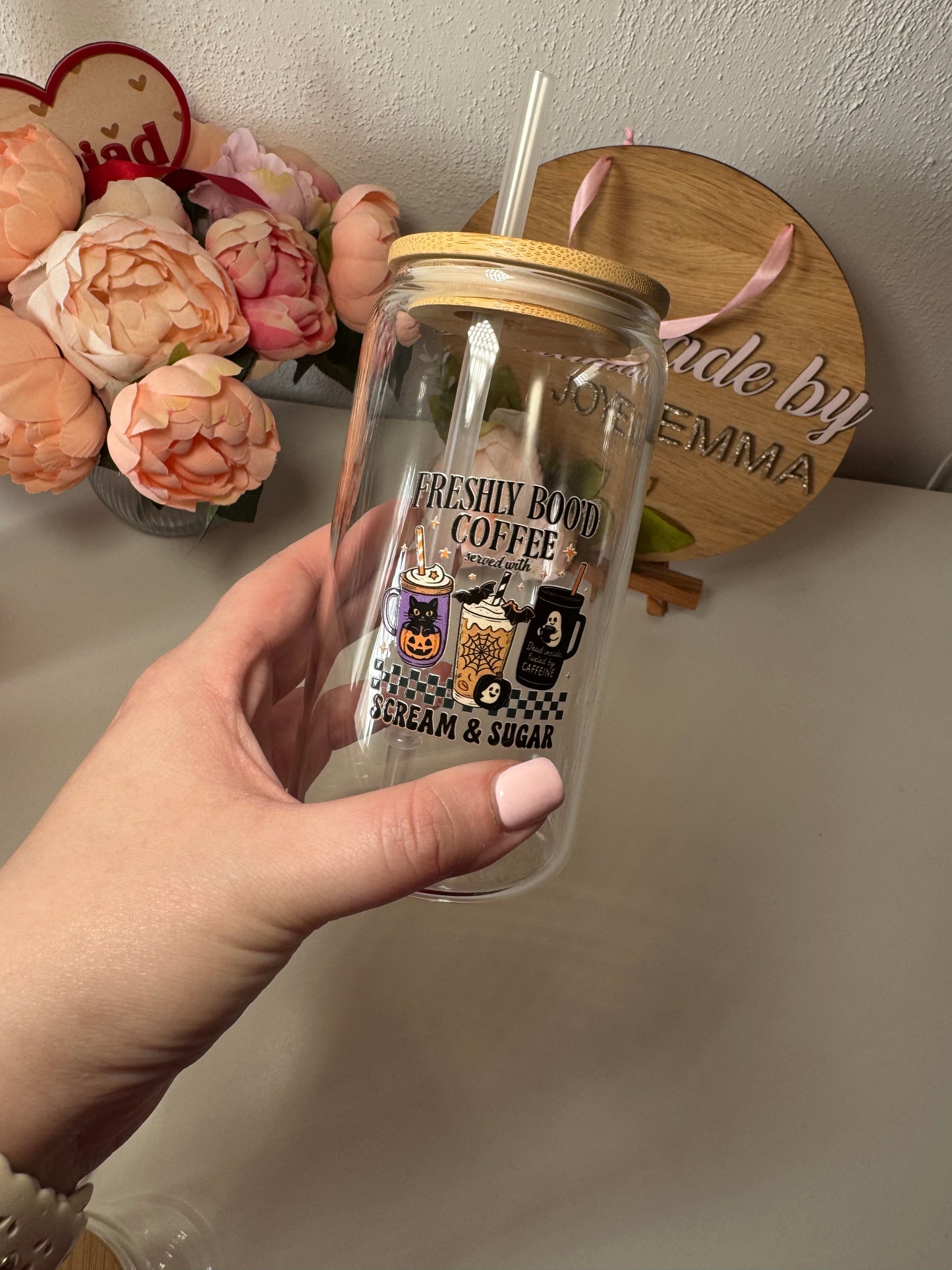 Freshly boo’d Coffee Glass Cup and Straw