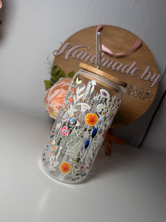 Wildflower Glass Cup and Straw