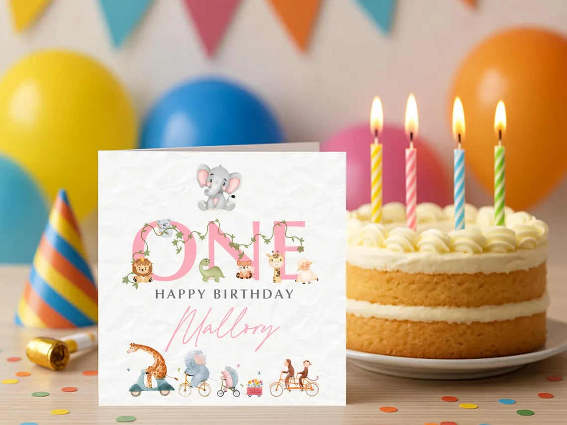 Birthday card with 'ONE' and birthday cake with candles against a colorful balloon background