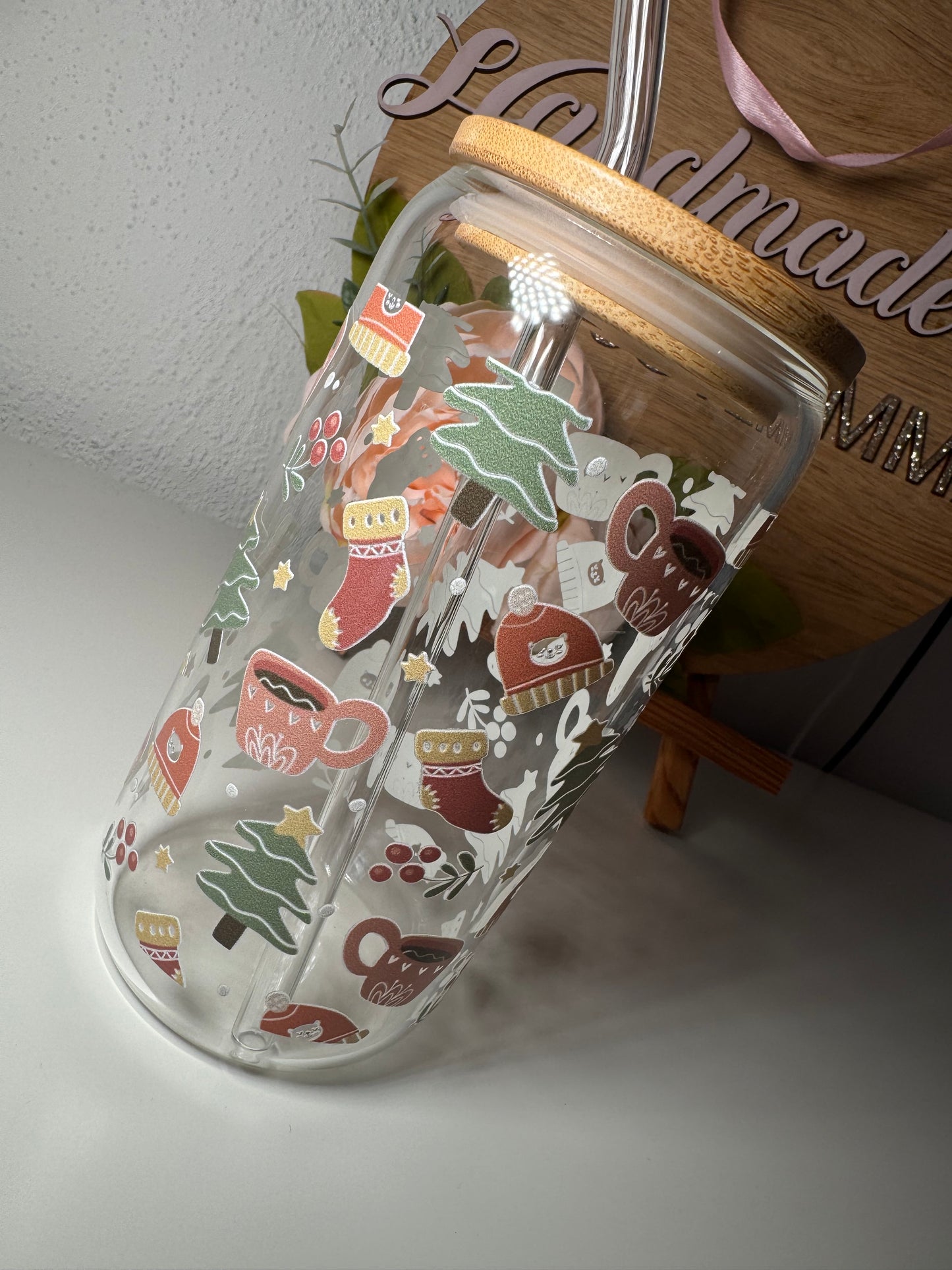 Christmas Wrap Glass Cup and Straw