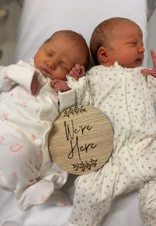 'I'm/We're Here' Baby Announcement Wooden Disc