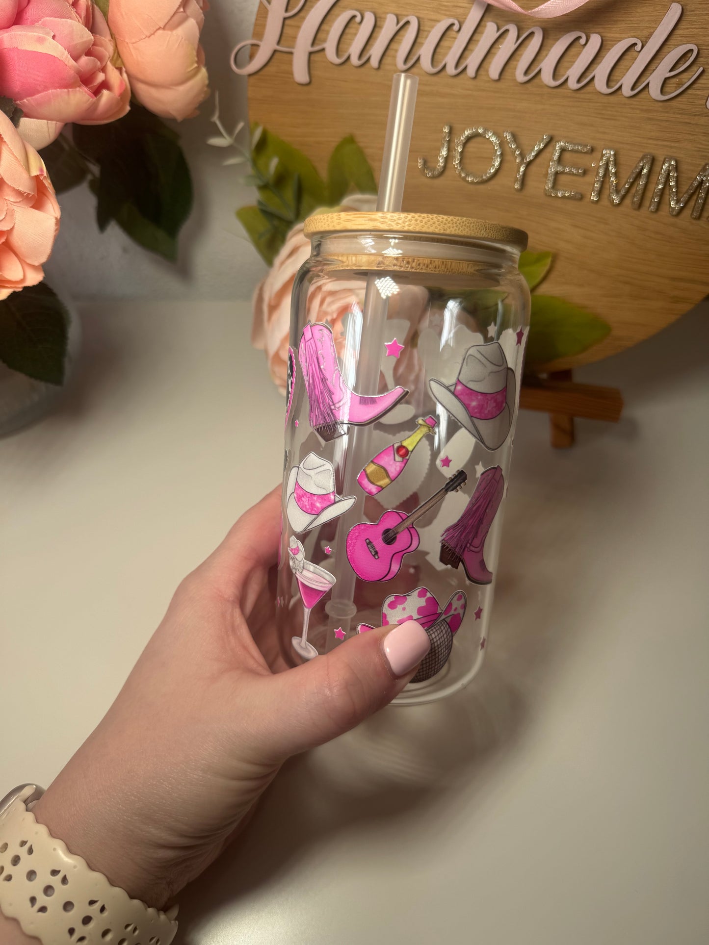Cowboys and Disco Ball Glass Cup and Straw