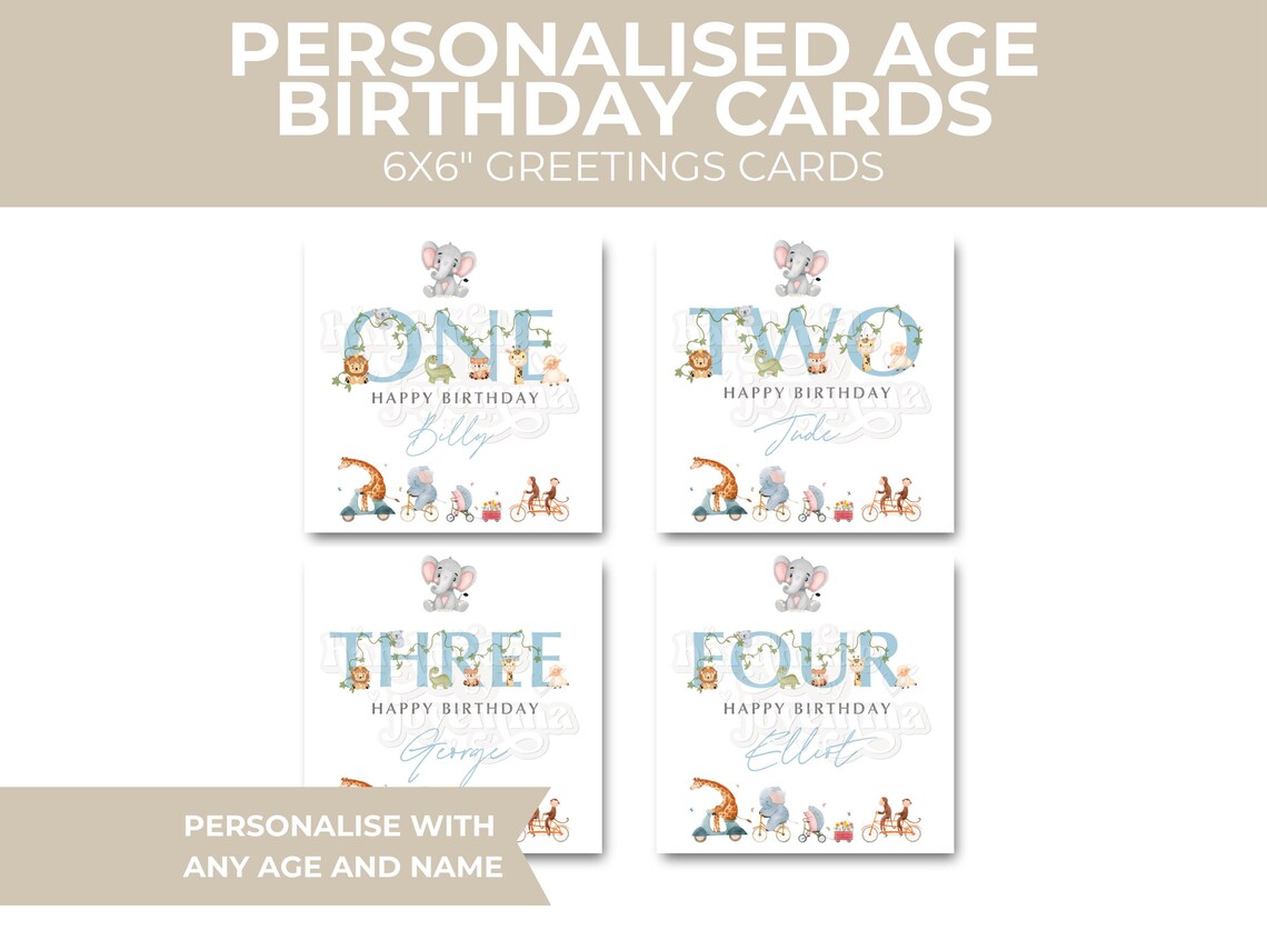 Personalised Baby Animal Card Blue - Any Age